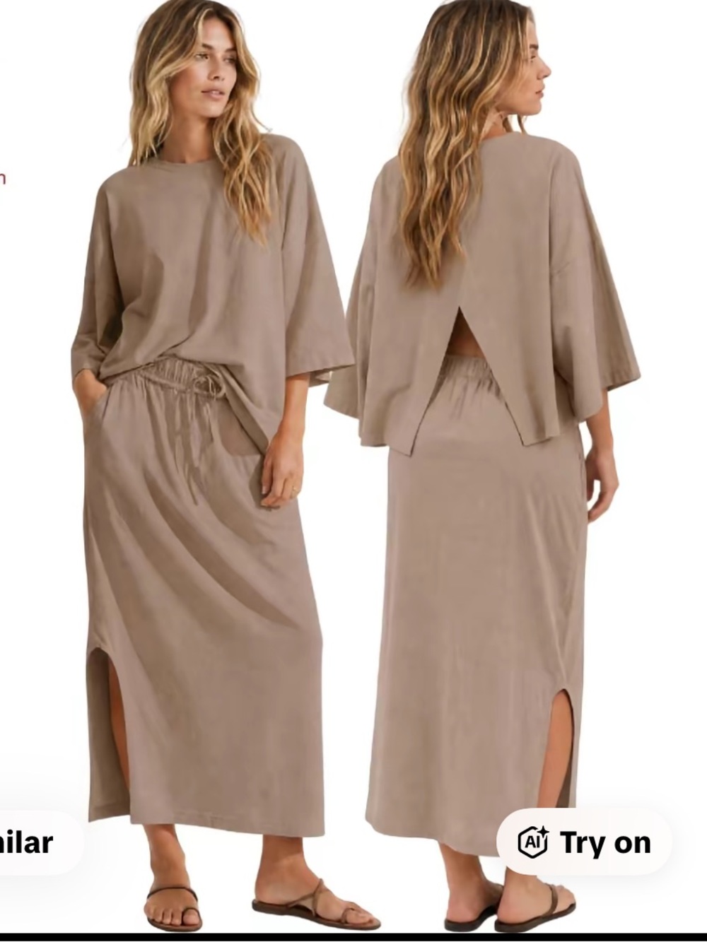 Tan Two-Piece Maxi Set with Side Slits